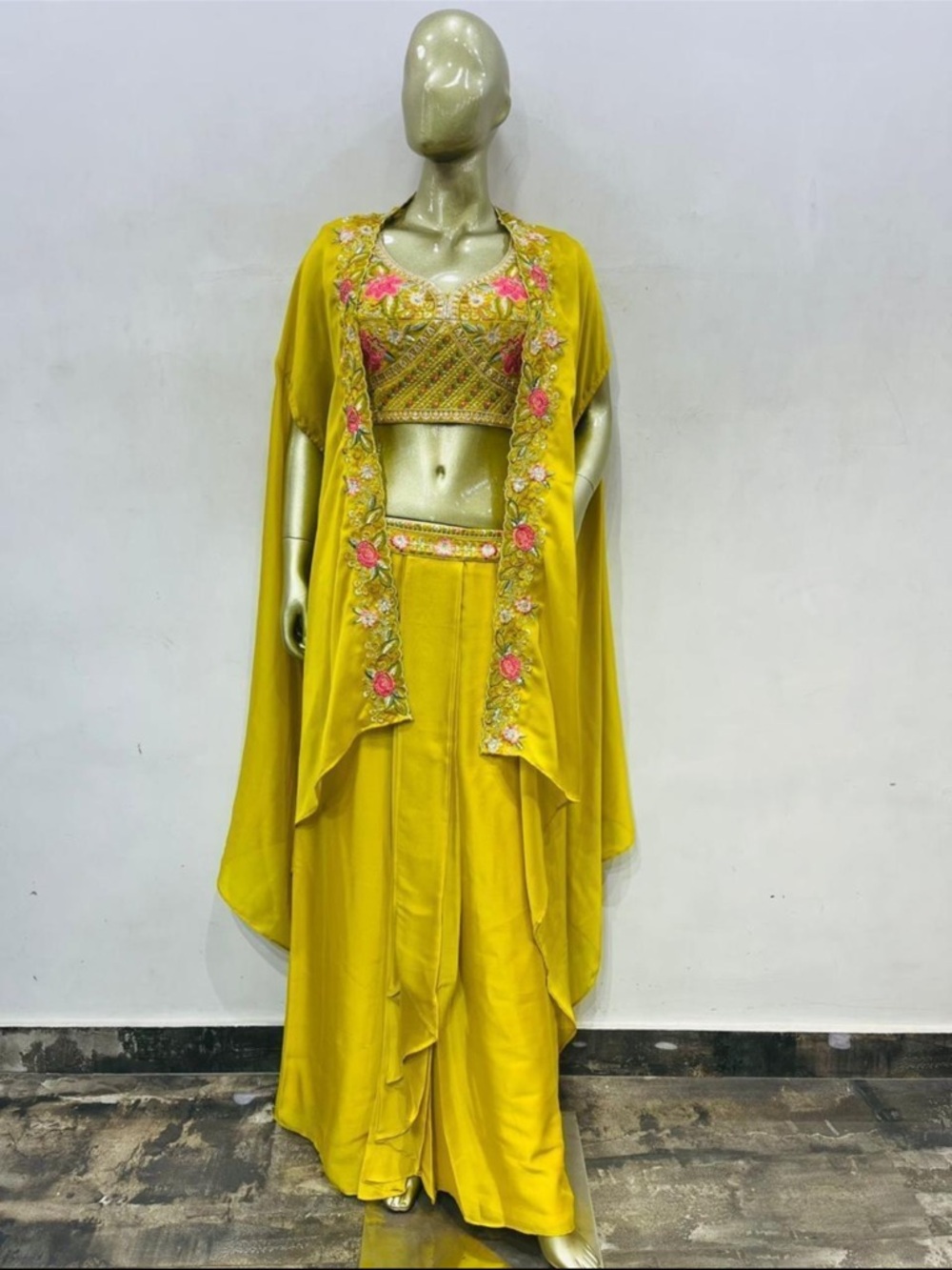 Embroidered Yellow indowestern  drape skirt Set with shrug